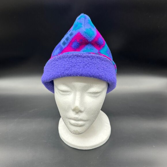 Vintage Winter Hat 90s Turtle Fur USA Fleece Purple Blue Retro Beanie Toboggan - Picture 5 of 10